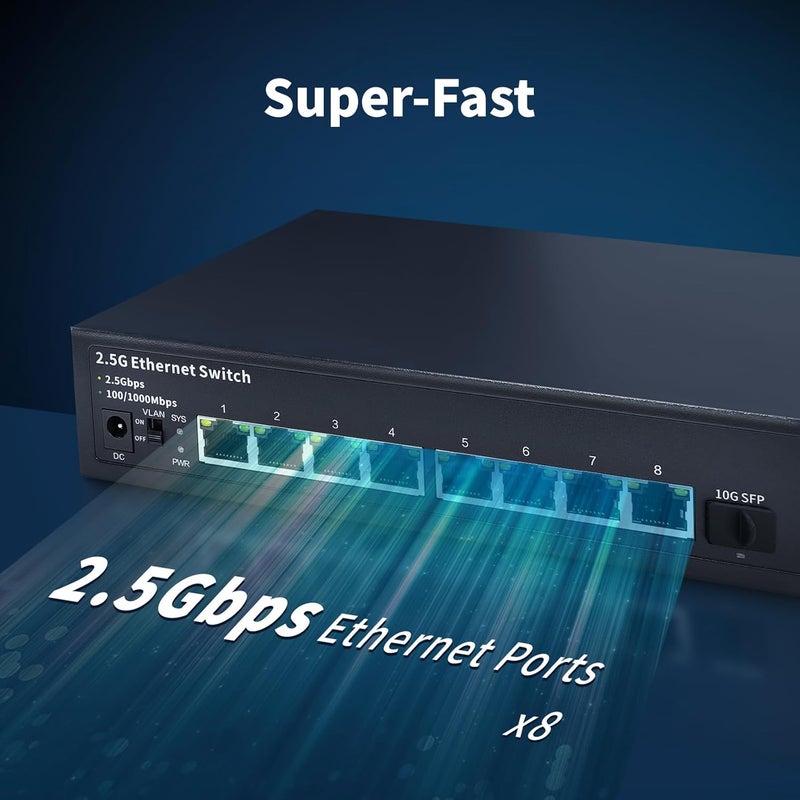 STEAMEMO 8-Port 2.5G Ethernet Switch with 10G SFP | Plug-and-Play Unmanaged Network Switch | 60Gbps Switching Capacity | Compatible with Gigabit/2.5Gb Multi-Gig for NAS, PC, Gaming & Home Office - Image 3